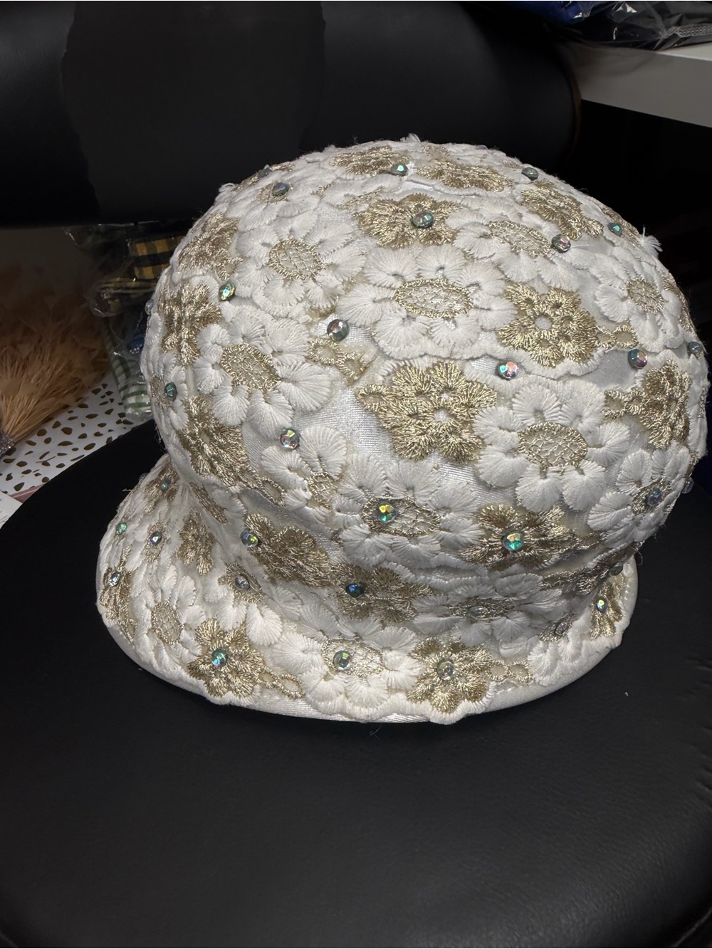Embroidered Lace Floral Bucket Hat with Rhinestones - White & Gold